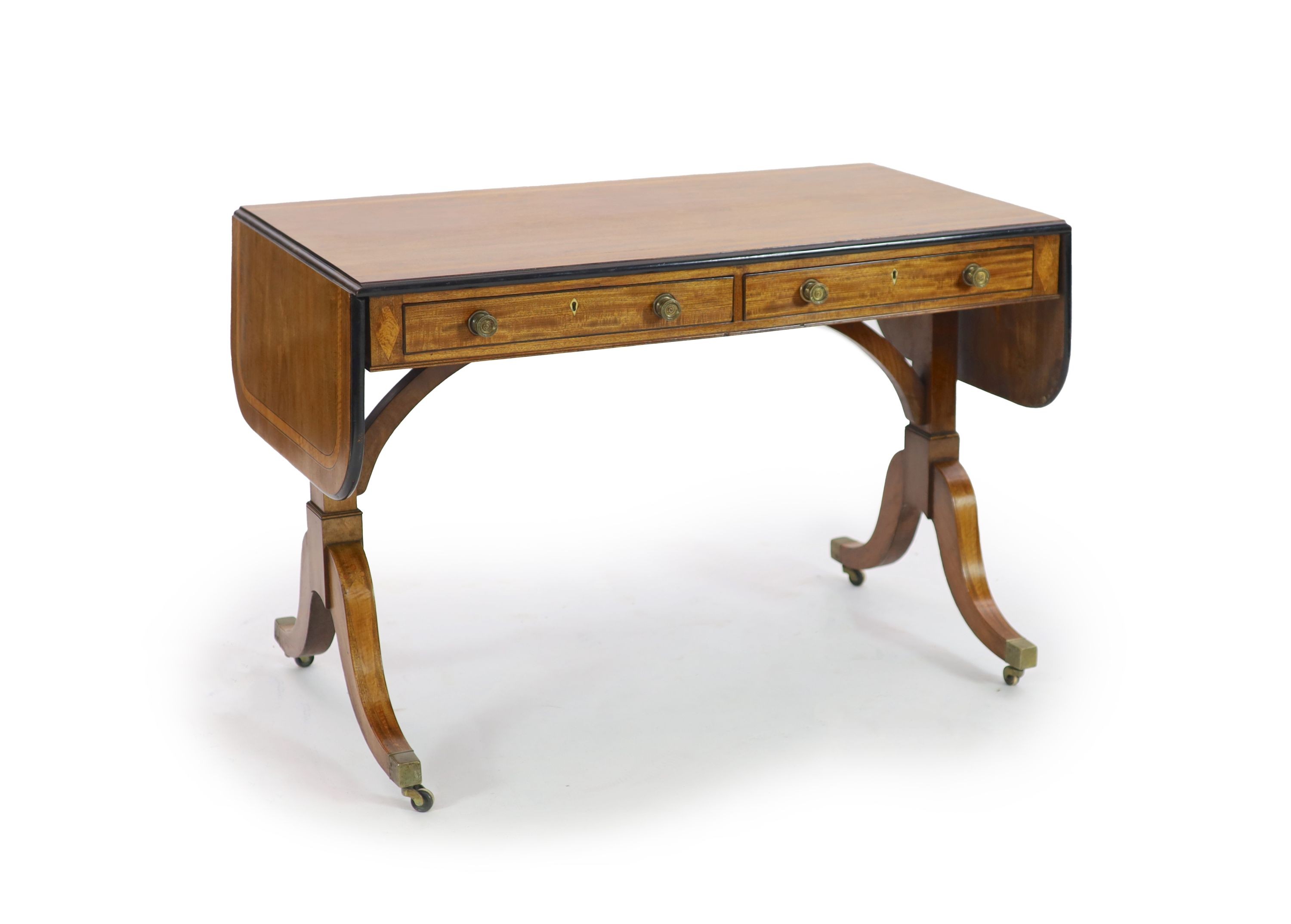 A late George III satinwood banded mahogany sofa table, W.108cm D.59cm H.74cm